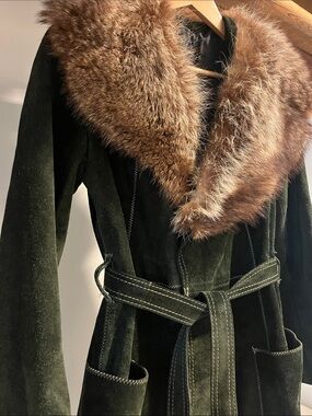 Dark Green Genuine Suede&Raccoon Fur Collar XS